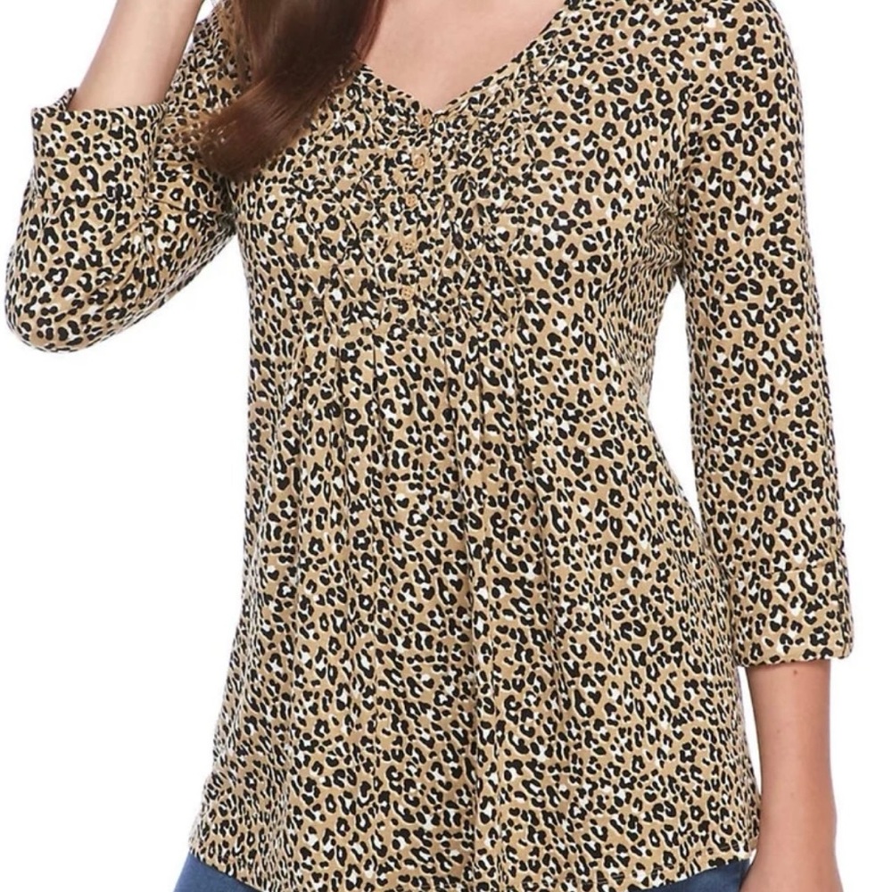 Kim Rogers Tan Cream Ruched 3/4 Sleeve Blouse